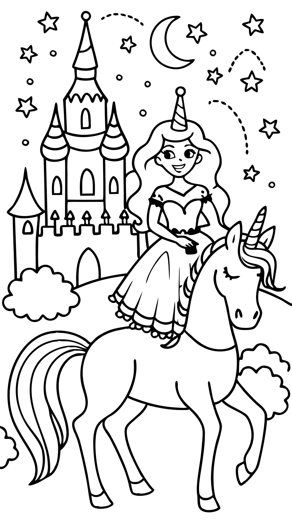 Página para colorear de unicornio de princesas